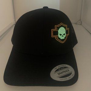 Yupoong with Skull and Shield Curved Bill Snapback Black/Black